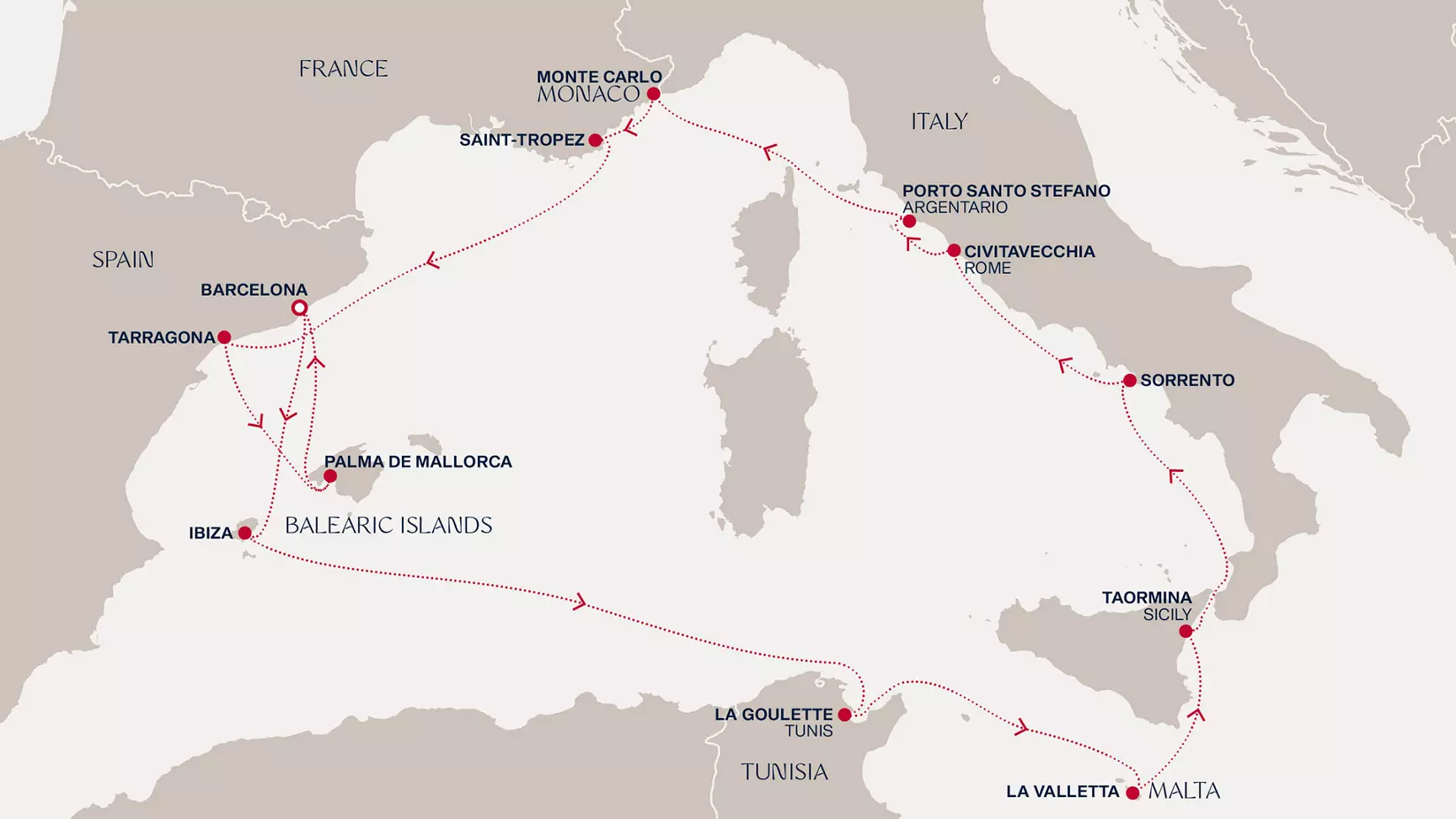 carte Espagne, Tunisie, Malte, Italie, Monaco, France, 15 jours
