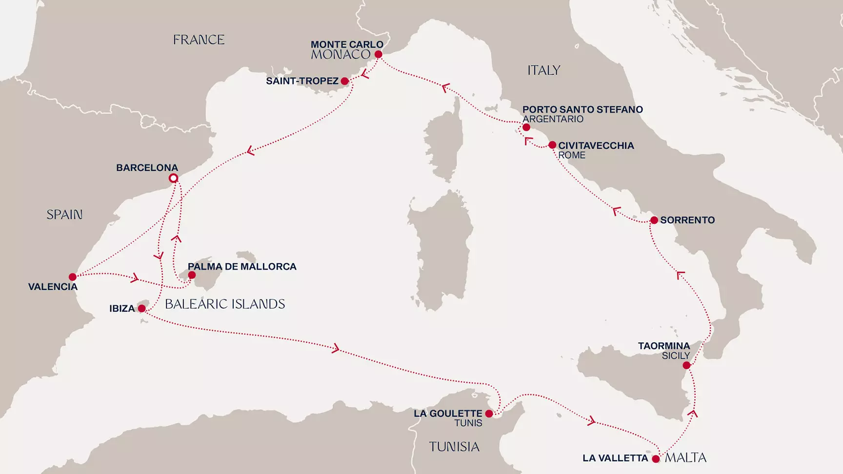 carte Espagne, Tunisie, Malte, Italie, Monaco, France, 15 jours