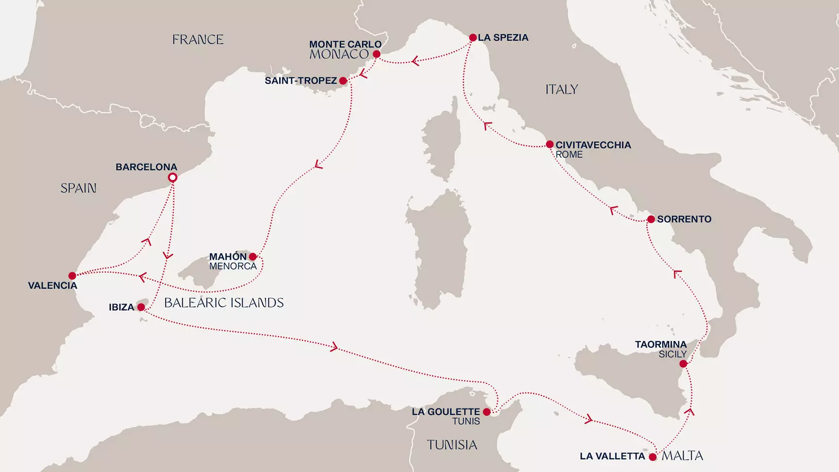 carte Espagne, Tunisie, Malte, Italie, Monaco, France, 15 jours