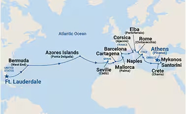 carte Etats-Unis, Bermudes, Portugal, Espagne, France, Italie, 26 jours