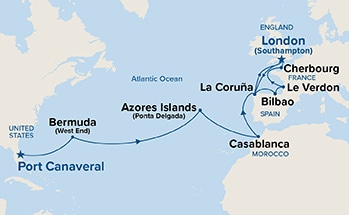 carte Etats-Unis, Bermudes, Portugal, Maroc, Espagne, Royaume-Uni, 23 jours