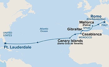 carte Italie, Espagne, Royaume-Uni, Maroc, Bermudes, Etats-Unis, 16 jours