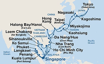 carte Singapour, Viêt Nam, Chine, Taiwan, Japon, Cambodge, 43 jours