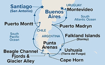 carte Argentine, Uruguay, îles Malouines, Chili, 16 jours