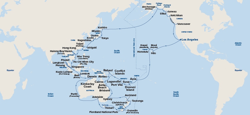 carte Etats-Unis, Fidji, Vanuatu, Guinée, Papouasie-Nouvelle-Guinée, Australie, 115 jours