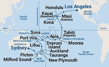 carte Etats-Unis, Polynésie française, Samoa, Fidji, Vanuatu, Nouvelle-Calédonie, 40 jours